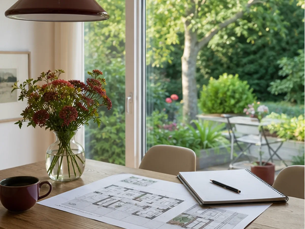 Grundriss und Notizbuch auf einem Tisch mit Gartenblick