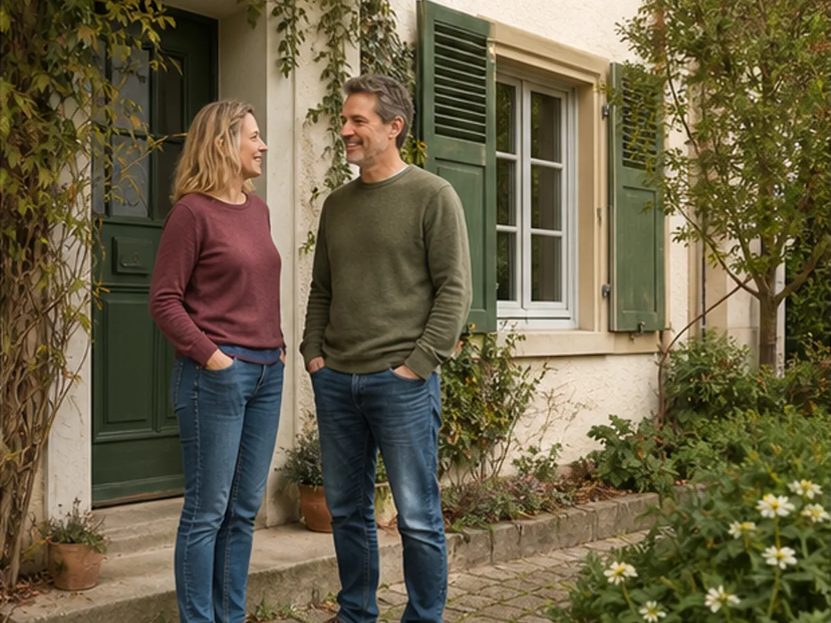 Eigentümerpaar im Gespräch vor einem Wohnhaus